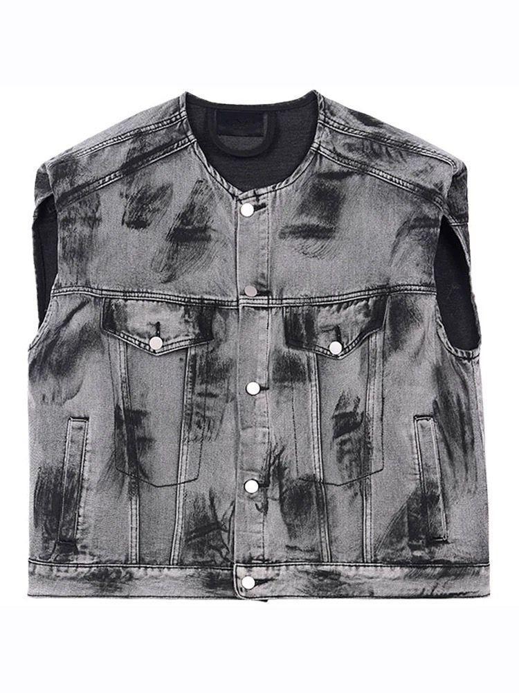 American Street Graffiti Padded Shoulder Sleeveless Denim Coat - 𝓢𝓱𝓸𝓹𝓵𝓮𝓬𝔂