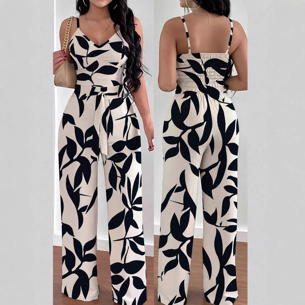 Fashion Floral Print Jumpsuit Elastic Waist Belt Jumpsuit - 𝓢𝓱𝓸𝓹𝓵𝓮𝓬𝔂