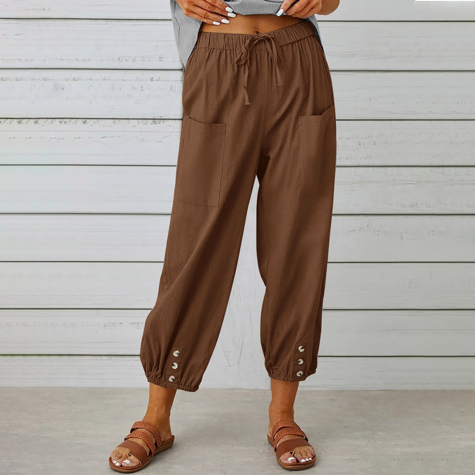 Women Drawstring Tie Pants Spring Summer Cotton And Linen Trousers With Pockets Button - 𝓢𝓱𝓸𝓹𝓵𝓮𝓬𝔂