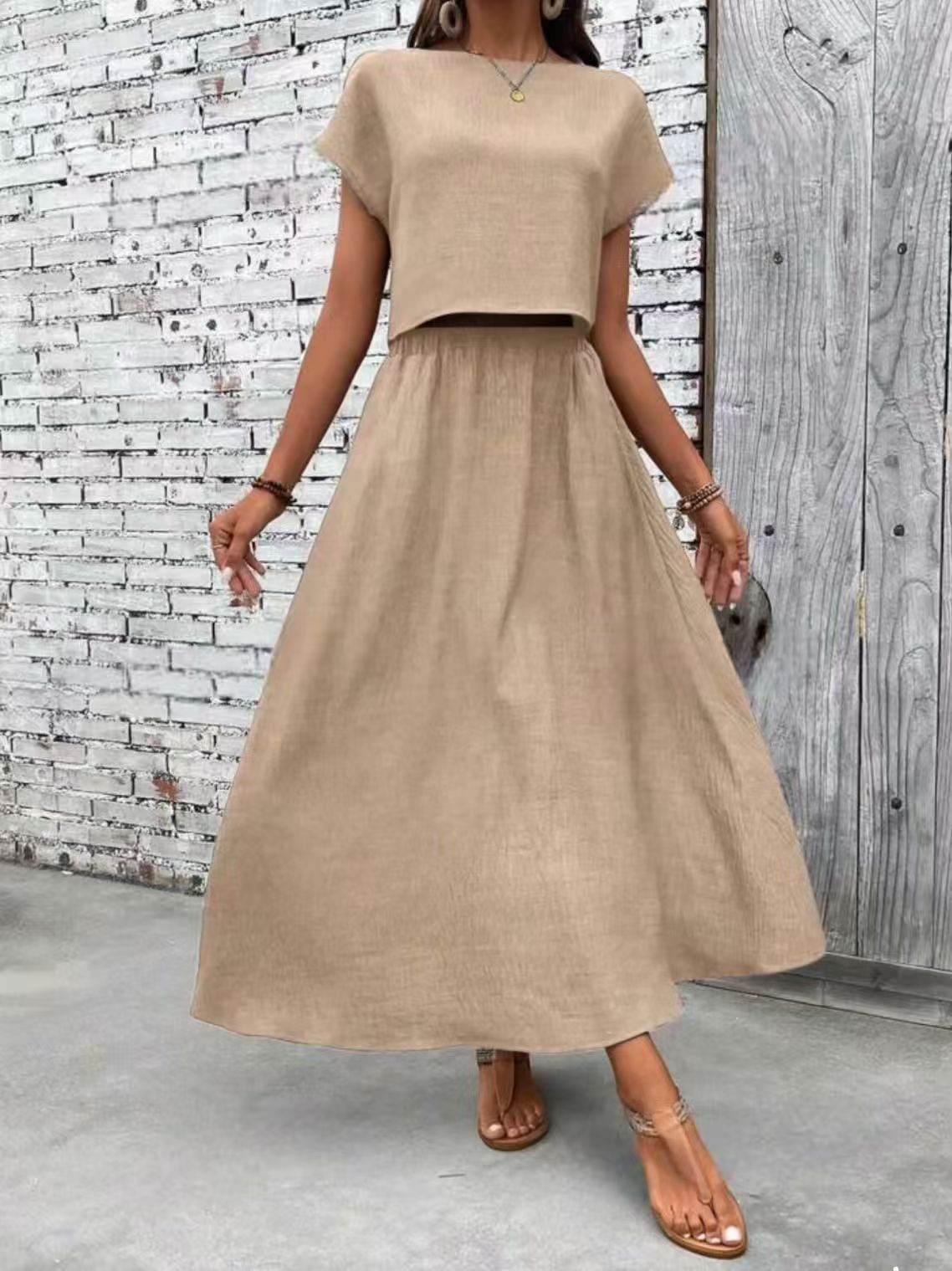 2 Piece Set Women's Solid Color Short Sleeve Top And Casual A- Line Dress Suit - 𝓢𝓱𝓸𝓹𝓵𝓮𝓬𝔂