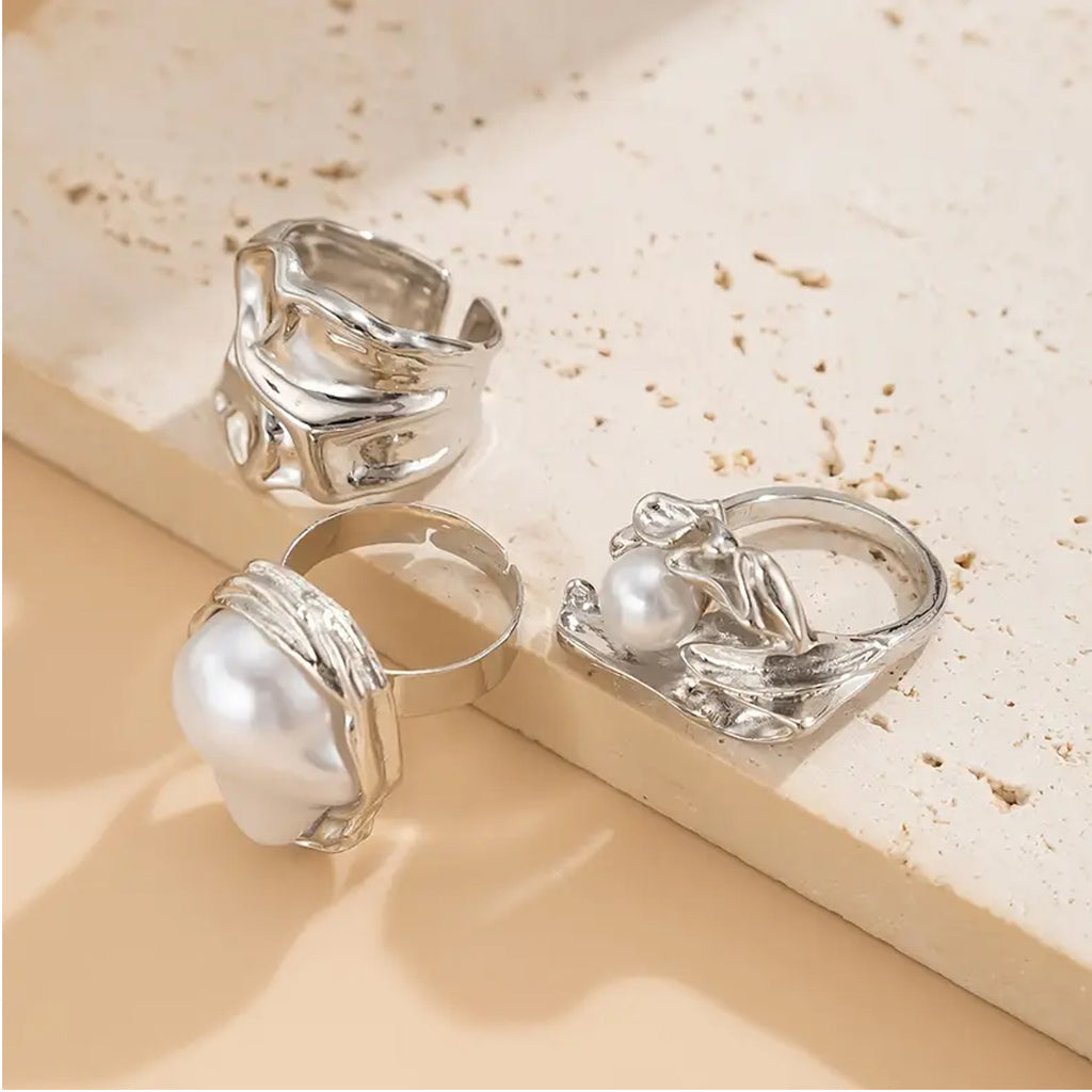 Baroque Inlaid Shaped Pearl Ring Geometric Retro Irregular