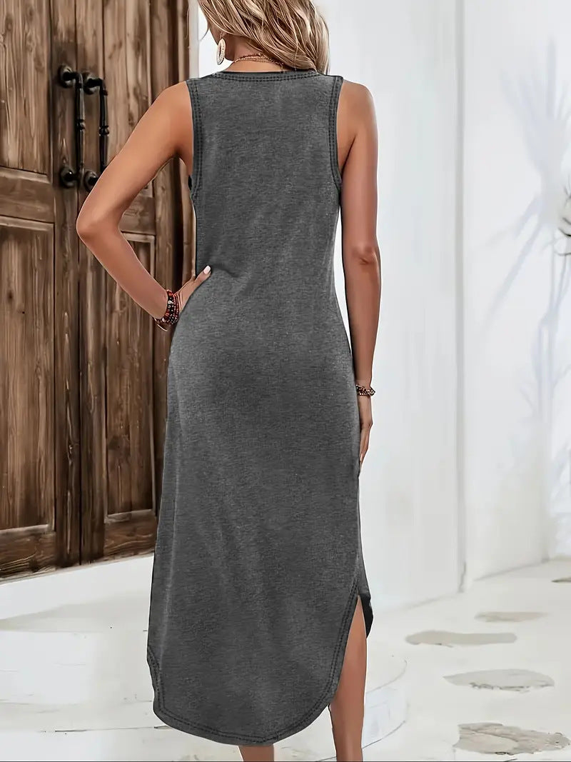 European And American Summer Women's Sleeveless V-neck Slit Mid-length Knitted Dress - 𝓢𝓱𝓸𝓹𝓵𝓮𝓬𝔂