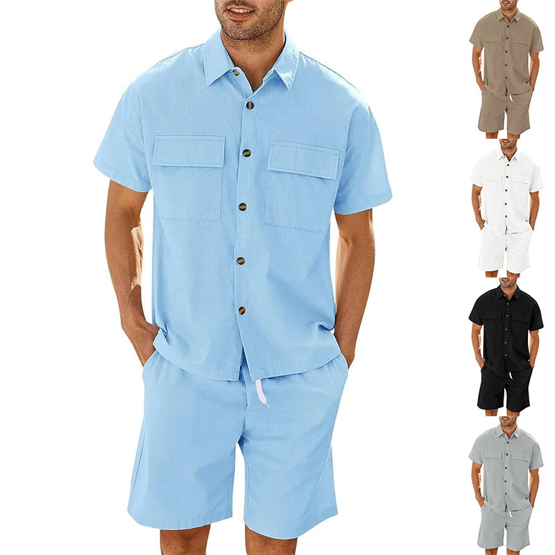 Summer Suits Men Short Sleeve Lapel Pockets Shirt And Drawstring Shorts Sports Fashion Leisure Men's Clothing - 𝓢𝓱𝓸𝓹𝓵𝓮𝓬𝔂