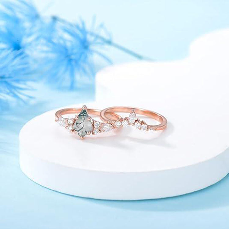 2pcs Fashion Rings Natural Green Moss Stone Agate Ring For Women Personalized Jewelry - 𝓢𝓱𝓸𝓹𝓵𝓮𝓬𝔂