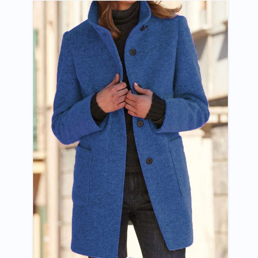 Fashion Stand Collar Woolen Coat With Pockets Fall Winter Casual Button Outwear For Women Clothing - 𝓢𝓱𝓸𝓹𝓵𝓮𝓬𝔂