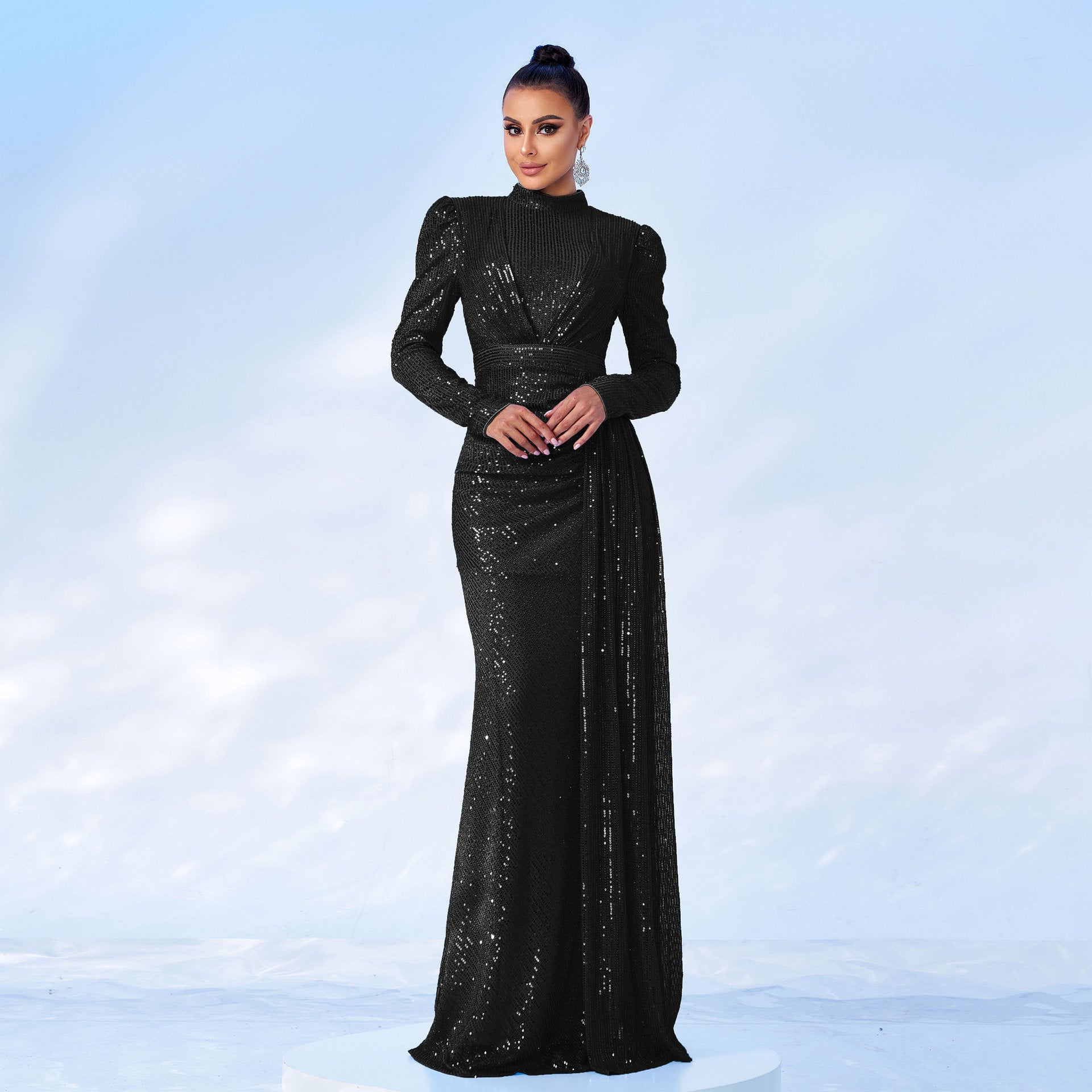 Long Sleeve Round Neck Sexy Slim Long Sequined Banquet Dress - 𝓢𝓱𝓸𝓹𝓵𝓮𝓬𝔂
