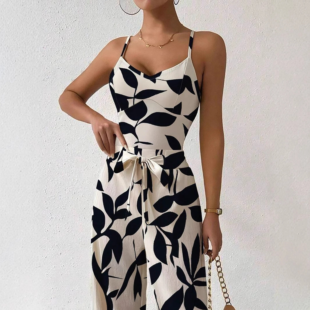 Fashion Floral Print Jumpsuit Elastic Waist Belt Jumpsuit - 𝓢𝓱𝓸𝓹𝓵𝓮𝓬𝔂