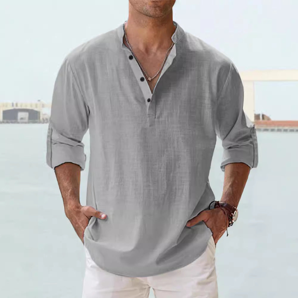 Men's Linen Stand-up Collar Long Sleeve T-shirt Loose Undershirt - 𝓢𝓱𝓸𝓹𝓵𝓮𝓬𝔂