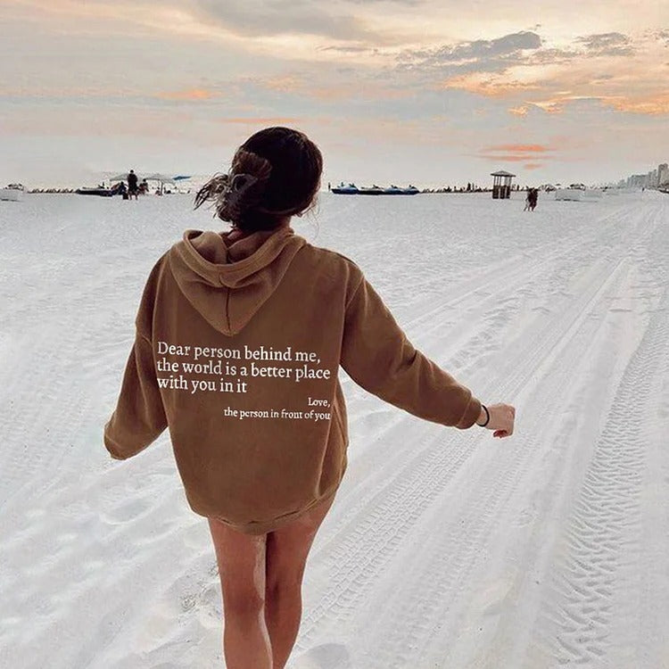 Dear Person Behind Me,the World Is A Better Place,with You In It,love,the Person In Front Of You,Women's Plush Letter Printed Kangaroo Pocket Drawstring Printed Hoodie Unisex Trendy Hoodies - 𝓢𝓱𝓸𝓹𝓵𝓮𝓬𝔂