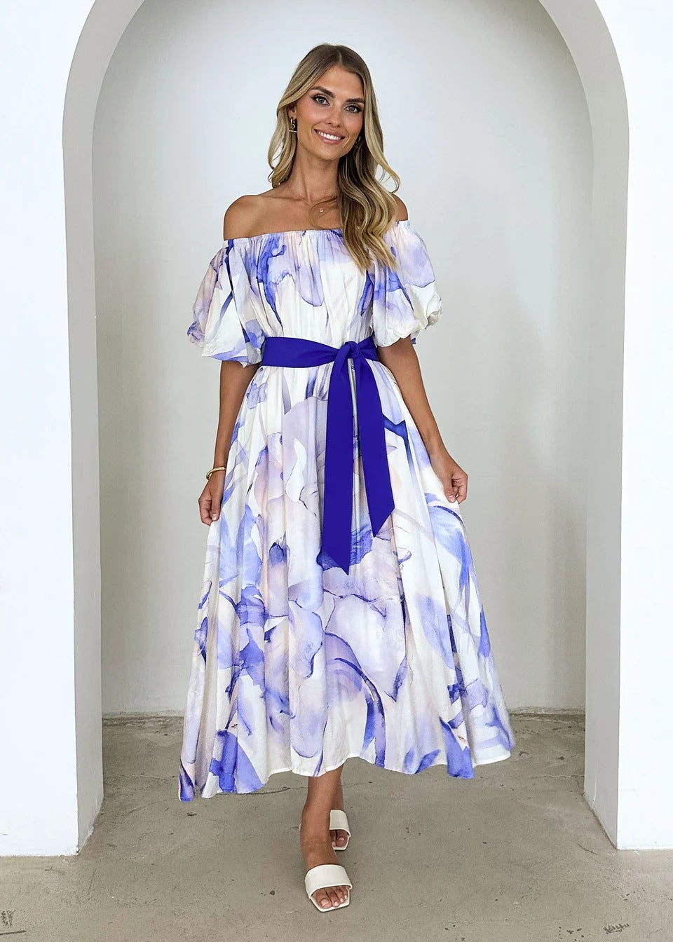 European American Summer New Temperament Shoulder Waist Puff Sleeve Printed Large Swing Dress - 𝓢𝓱𝓸𝓹𝓵𝓮𝓬𝔂