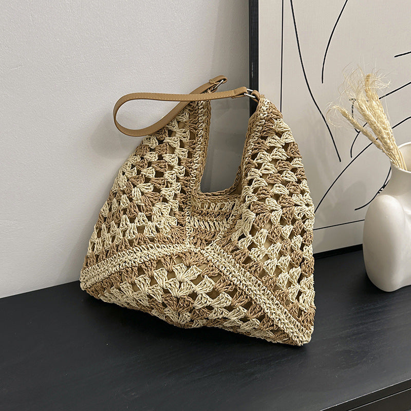 Women's Fashion Handmade Straw Woven Hollow Contrast Color Weave Shoulder Bag - 𝓢𝓱𝓸𝓹𝓵𝓮𝓬𝔂