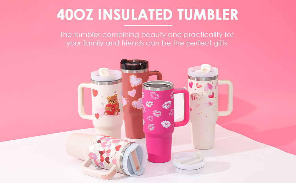 40 Oz Tumbler With Handle Straw Insulated, Stainless Steel Spill Proof Vacuum Coffee Cup Tumbler With Lid Tapered Mug Gifts For Valentine Lover Suitable For Car Gym Office Travel - 𝓢𝓱𝓸𝓹𝓵𝓮𝓬𝔂