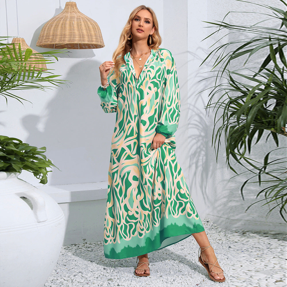 V-neck Abstract Printing Loose Long Style Long Sleeve Women's Dress - 𝓢𝓱𝓸𝓹𝓵𝓮𝓬𝔂