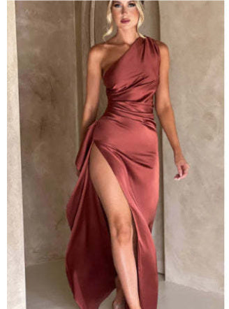 Sexy One-shoulder Backless Slit Dress Summer Elegant Slim-fit Solid Color Satin Dresses For Women - 𝓢𝓱𝓸𝓹𝓵𝓮𝓬𝔂