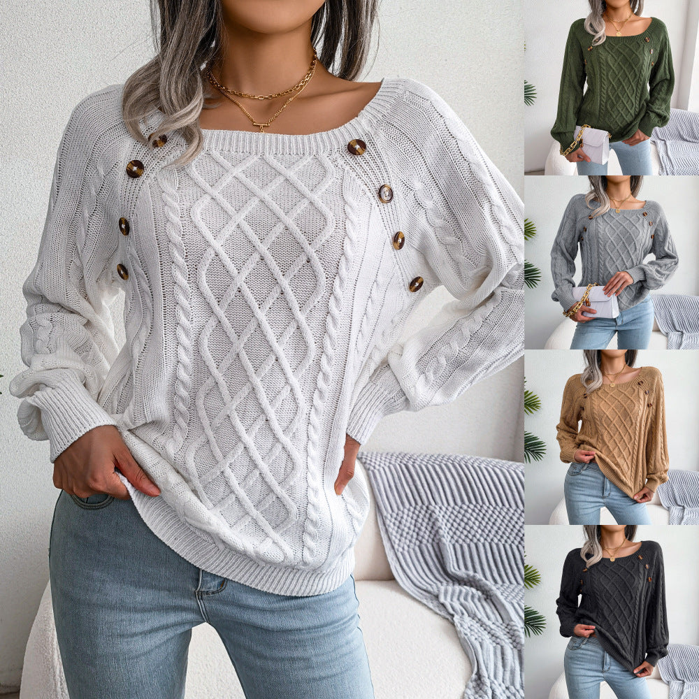 Square Neck Knitted Sweater With Button Design Winter Warm Long Sleeve Tops Women's Clothing - 𝓢𝓱𝓸𝓹𝓵𝓮𝓬𝔂