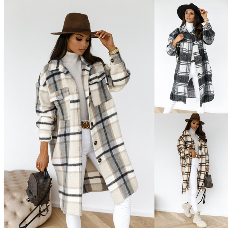 Button Lapel Casual Warm Plaid Long Woolen Coat - 𝓢𝓱𝓸𝓹𝓵𝓮𝓬𝔂