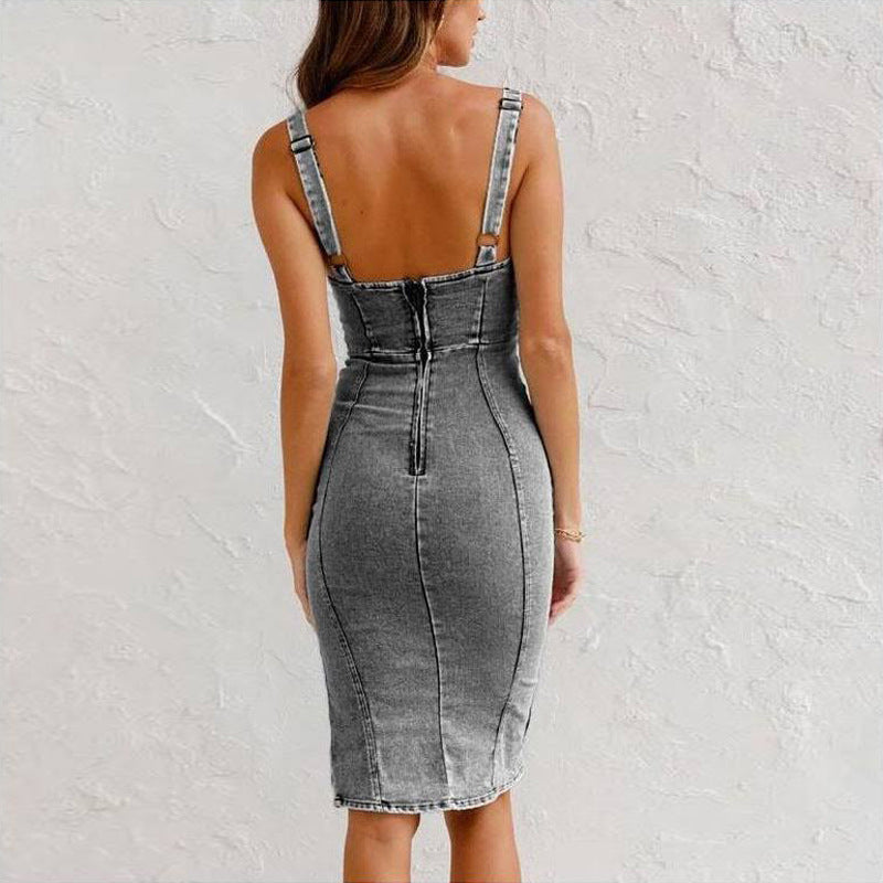 New U-neck Suspender Denim Dress Summer Casual Tight Slim Fit Dresses With Slit Design Womens Clothing - 𝓢𝓱𝓸𝓹𝓵𝓮𝓬𝔂