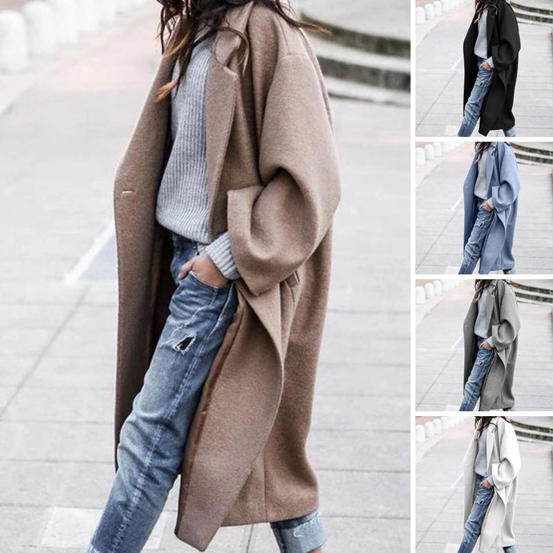 Casual Long Jacket With Pockets Solid Color Single Breasted Lapel Woolen Coat For Women Warm Winter Clothing - 𝓢𝓱𝓸𝓹𝓵𝓮𝓬𝔂