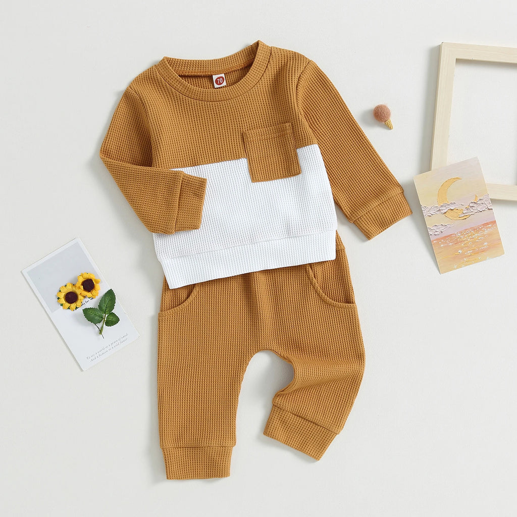 Color Matching Pocket Waffle Sweater Lace-up Sweatpants 2-Piece Children's Fashion Casual Wear Baby Suit - 𝓢𝓱𝓸𝓹𝓵𝓮𝓬𝔂
