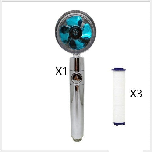 Propeller Driven Shower Head With Stop Button And Cotton Filter Turbocharged High Pressure Handheld Shower Nozzle 