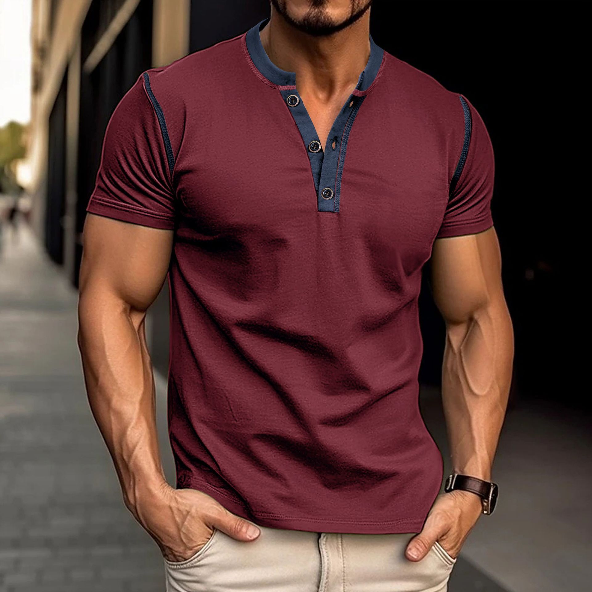 Fashion Short-sleeved Polo Shirt Summer Button V-neck T-shirt Tops Mens Clothing - 𝓢𝓱𝓸𝓹𝓵𝓮𝓬𝔂