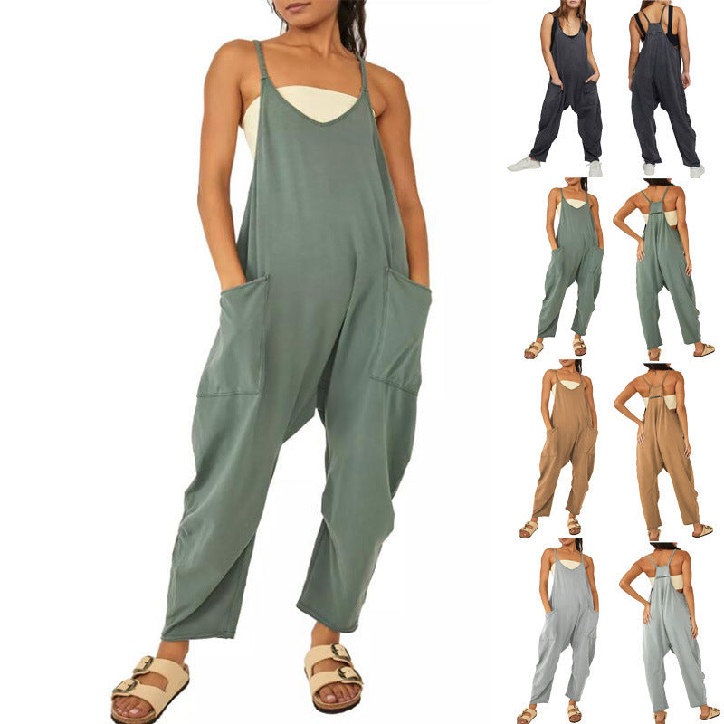 Summer Women's Loose Sleeveless Jumpsuits Spaghetti Strap Long Pant Romper Jumpsuit With Pockets Zipper - 𝓢𝓱𝓸𝓹𝓵𝓮𝓬𝔂