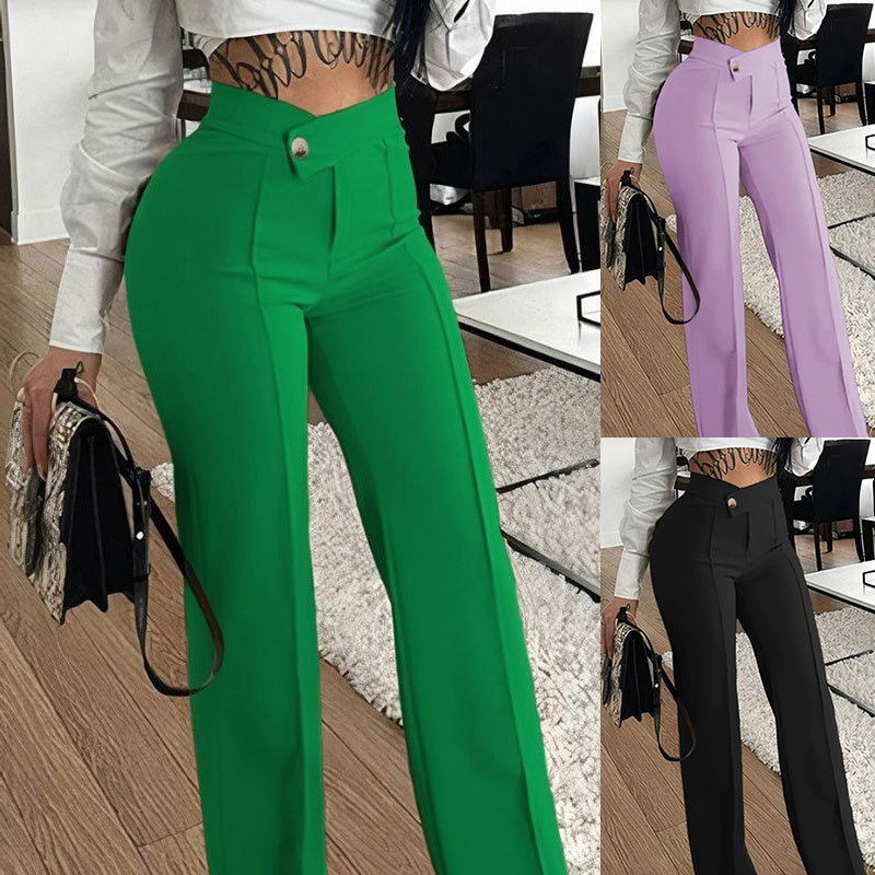 Slim Straight-leg Pants With Buckle Fashion Solid Color Trousers For Womens Clothing - 𝓢𝓱𝓸𝓹𝓵𝓮𝓬𝔂