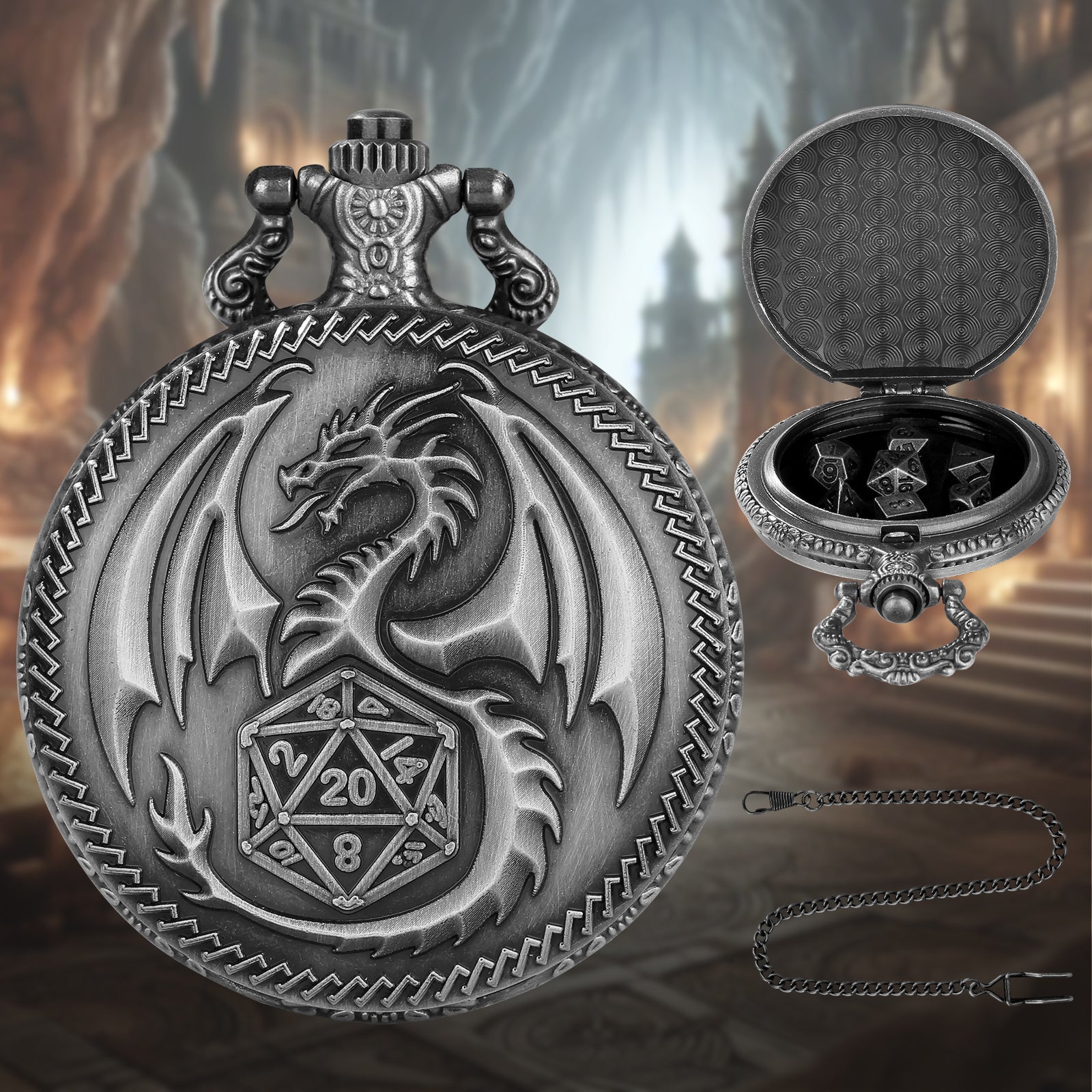 Dragon Pocket Watch Set With Thick Chain And Mini DND Dice Set Equipped With 7 Game Polyhedral Metal Dice Dragon And Dungeon Tabletop Role-playing Game Dice - 𝓢𝓱𝓸𝓹𝓵𝓮𝓬𝔂