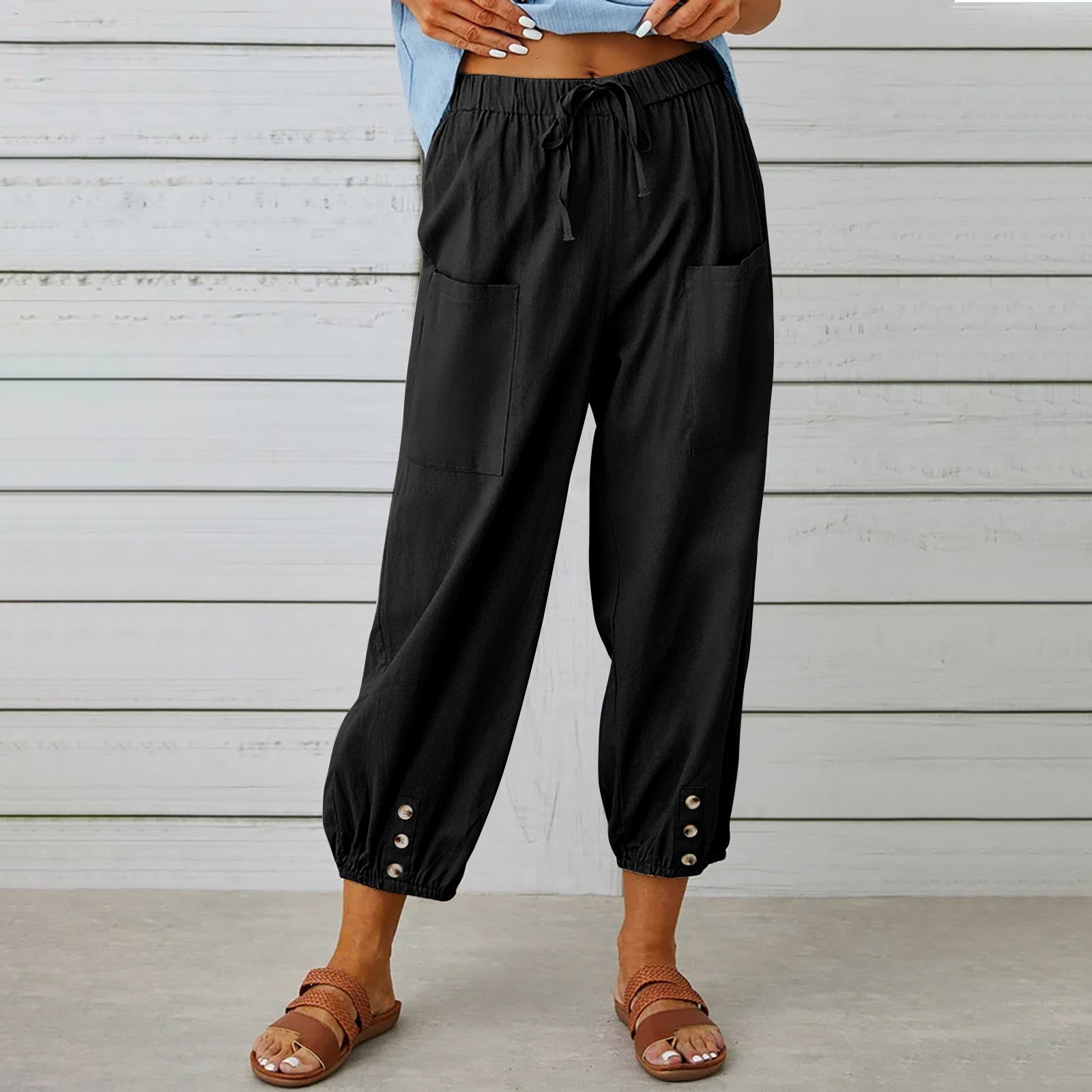 Women Drawstring Tie Pants Spring Summer Cotton And Linen Trousers With Pockets Button - 𝓢𝓱𝓸𝓹𝓵𝓮𝓬𝔂