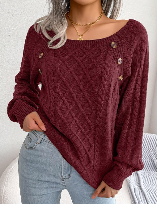 Square Neck Knitted Sweater With Button Design Winter Warm Long Sleeve Tops Women's Clothing - 𝓢𝓱𝓸𝓹𝓵𝓮𝓬𝔂