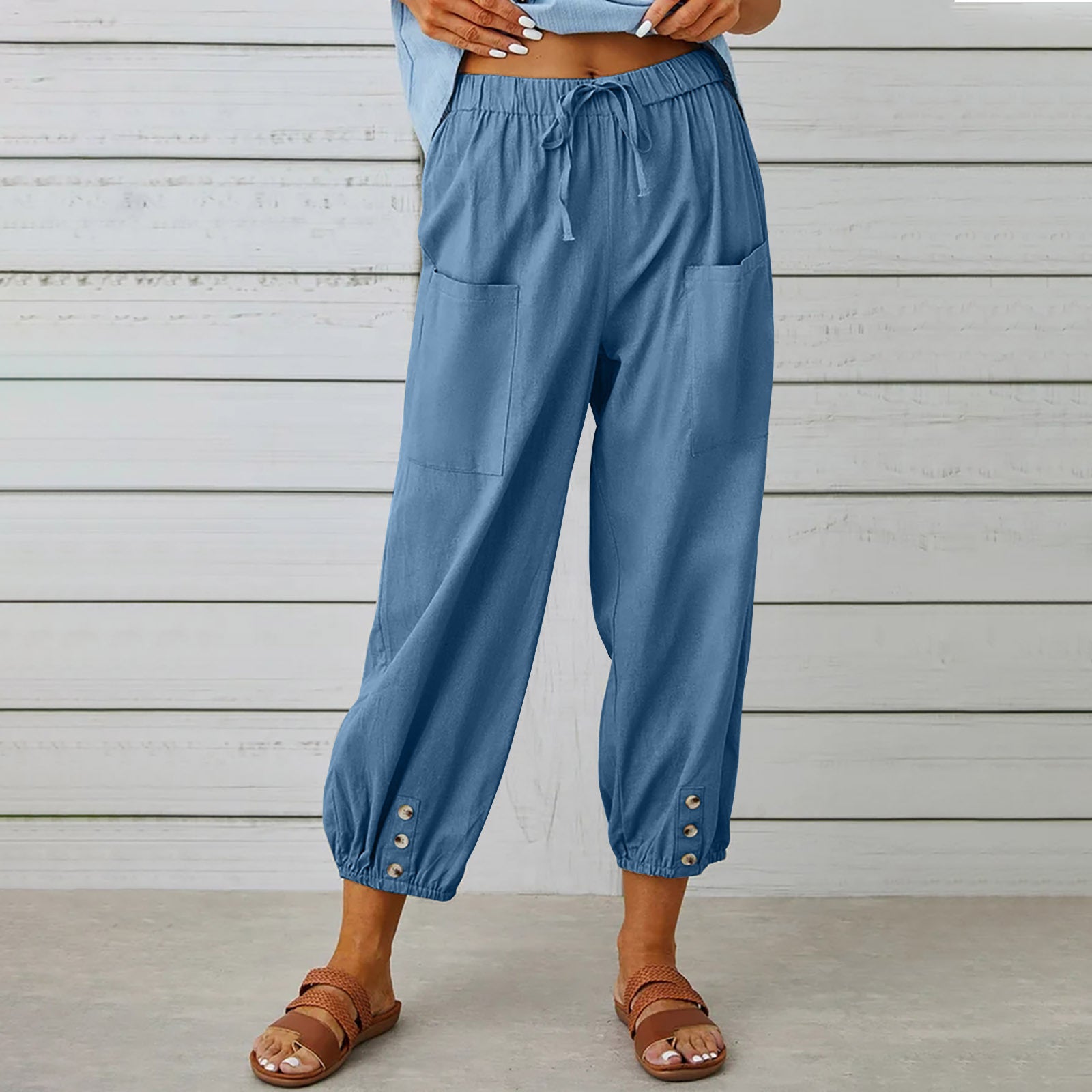 Women Drawstring Tie Pants Spring Summer Cotton And Linen Trousers With Pockets Button - 𝓢𝓱𝓸𝓹𝓵𝓮𝓬𝔂