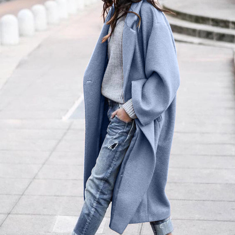 Casual Long Jacket With Pockets Solid Color Single Breasted Lapel Woolen Coat For Women Warm Winter Clothing - 𝓢𝓱𝓸𝓹𝓵𝓮𝓬𝔂
