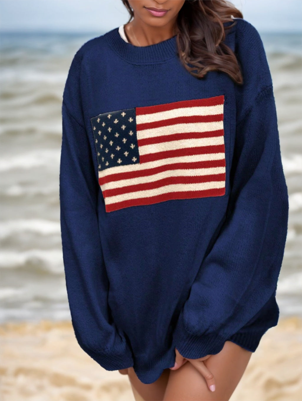 Usa Flag Design Drop Shoulder Sweater,Long Sleeve Tops - 𝓢𝓱𝓸𝓹𝓵𝓮𝓬𝔂