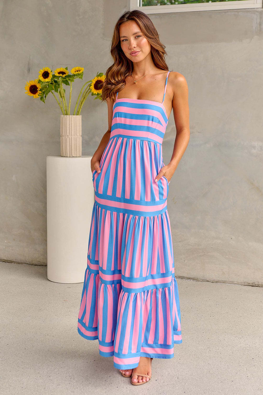 Summer Striped Printed Suspender Long Dress With Pockets Fashion Square Neck Backless Dresses For Beach Vacation Women Clothing - 𝓢𝓱𝓸𝓹𝓵𝓮𝓬𝔂