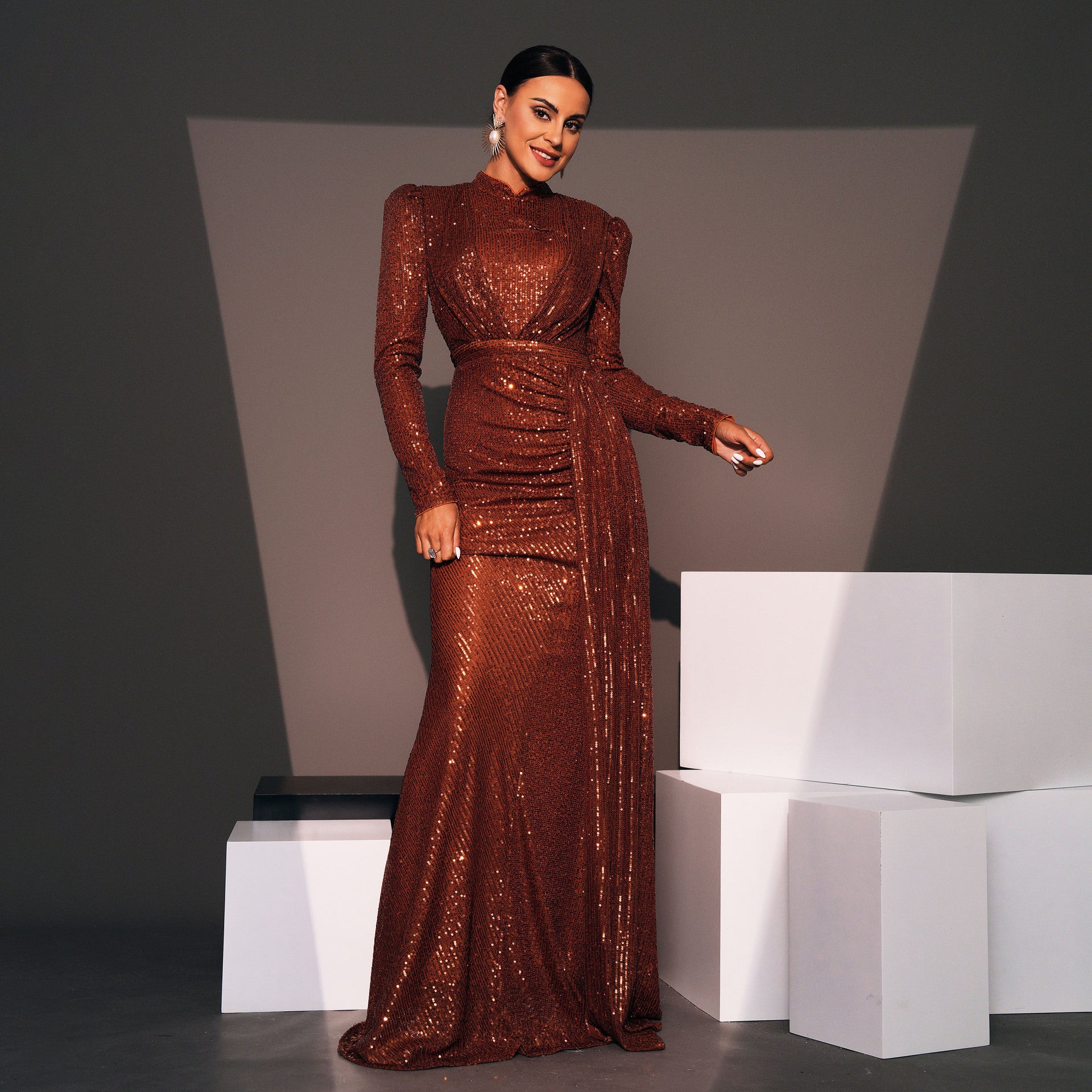 Long Sleeve Round Neck Sexy Slim Long Sequined Banquet Dress - 𝓢𝓱𝓸𝓹𝓵𝓮𝓬𝔂