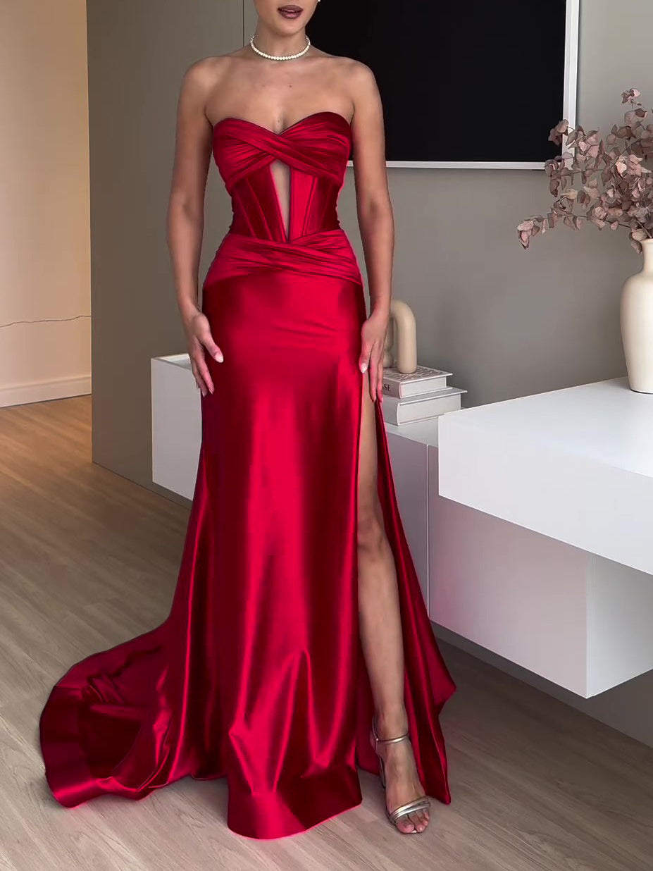 Tube Top Slit Red Extra Long Evening Dress - 𝓢𝓱𝓸𝓹𝓵𝓮𝓬𝔂