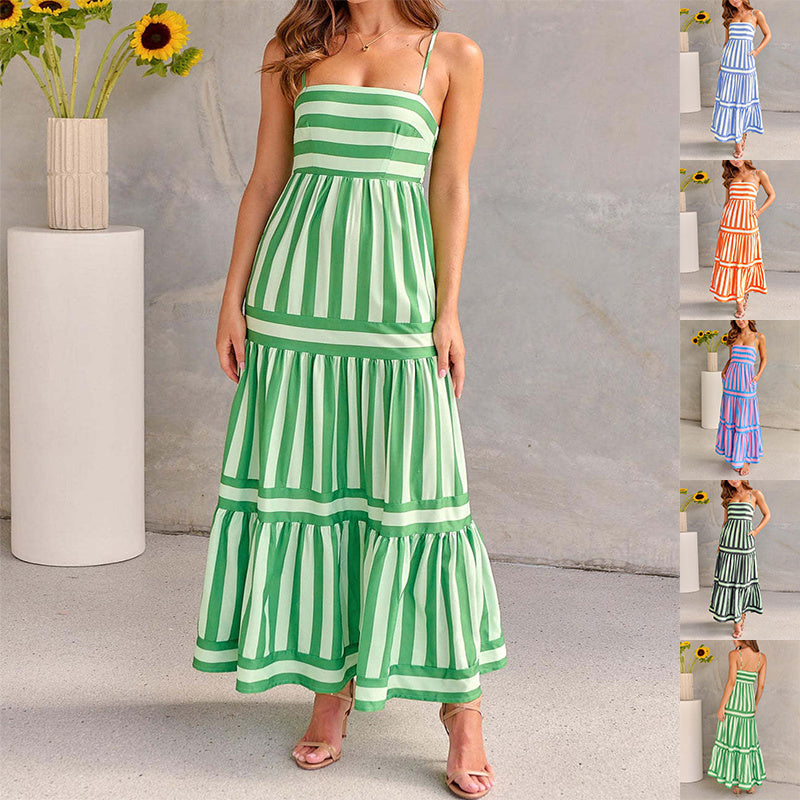 Summer Striped Printed Suspender Long Dress With Pockets Fashion Square Neck Backless Dresses For Beach Vacation Women Clothing - 𝓢𝓱𝓸𝓹𝓵𝓮𝓬𝔂
