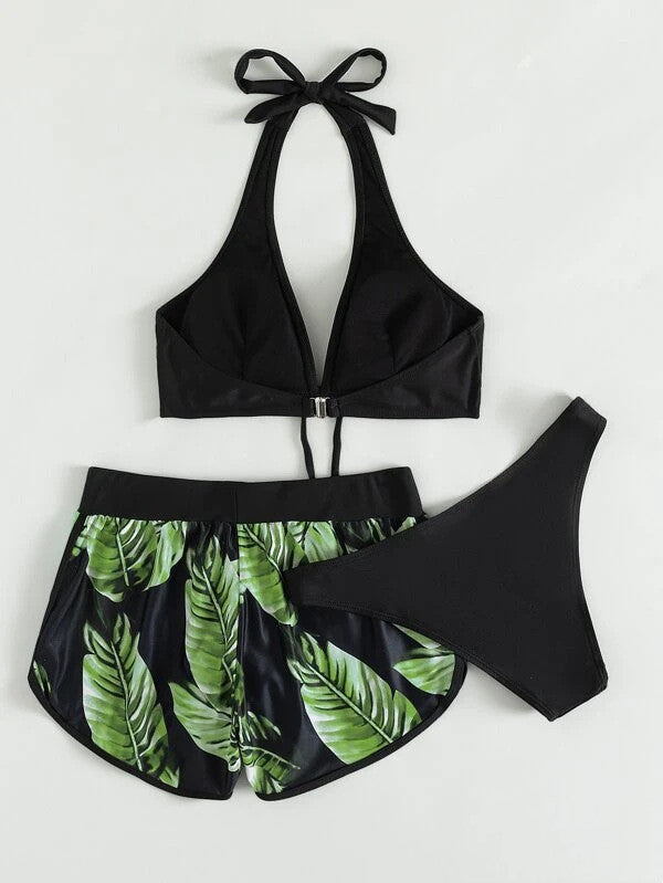 3pcs Leaf Print Bikini With Shorts Fashion Summer Beach Swimsuit Womens Clothing - 𝓢𝓱𝓸𝓹𝓵𝓮𝓬𝔂