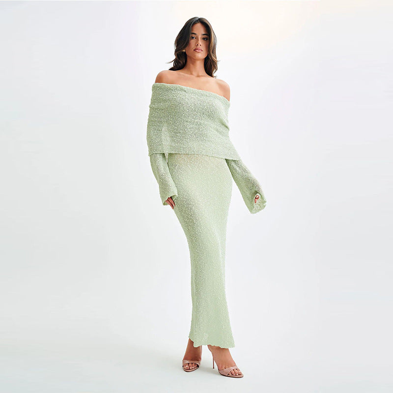 New One-shoulder Knitted Long-sleeved Dress Sexy Beach Holiday Long Dresses Womens Clothing - 𝓢𝓱𝓸𝓹𝓵𝓮𝓬𝔂