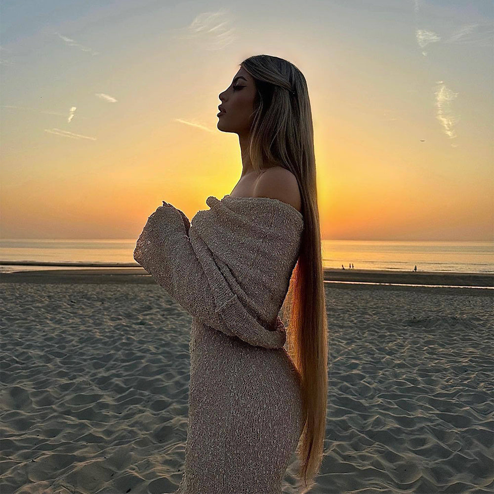 New One-shoulder Knitted Long-sleeved Dress Sexy Beach Holiday Long Dresses Womens Clothing - 𝓢𝓱𝓸𝓹𝓵𝓮𝓬𝔂