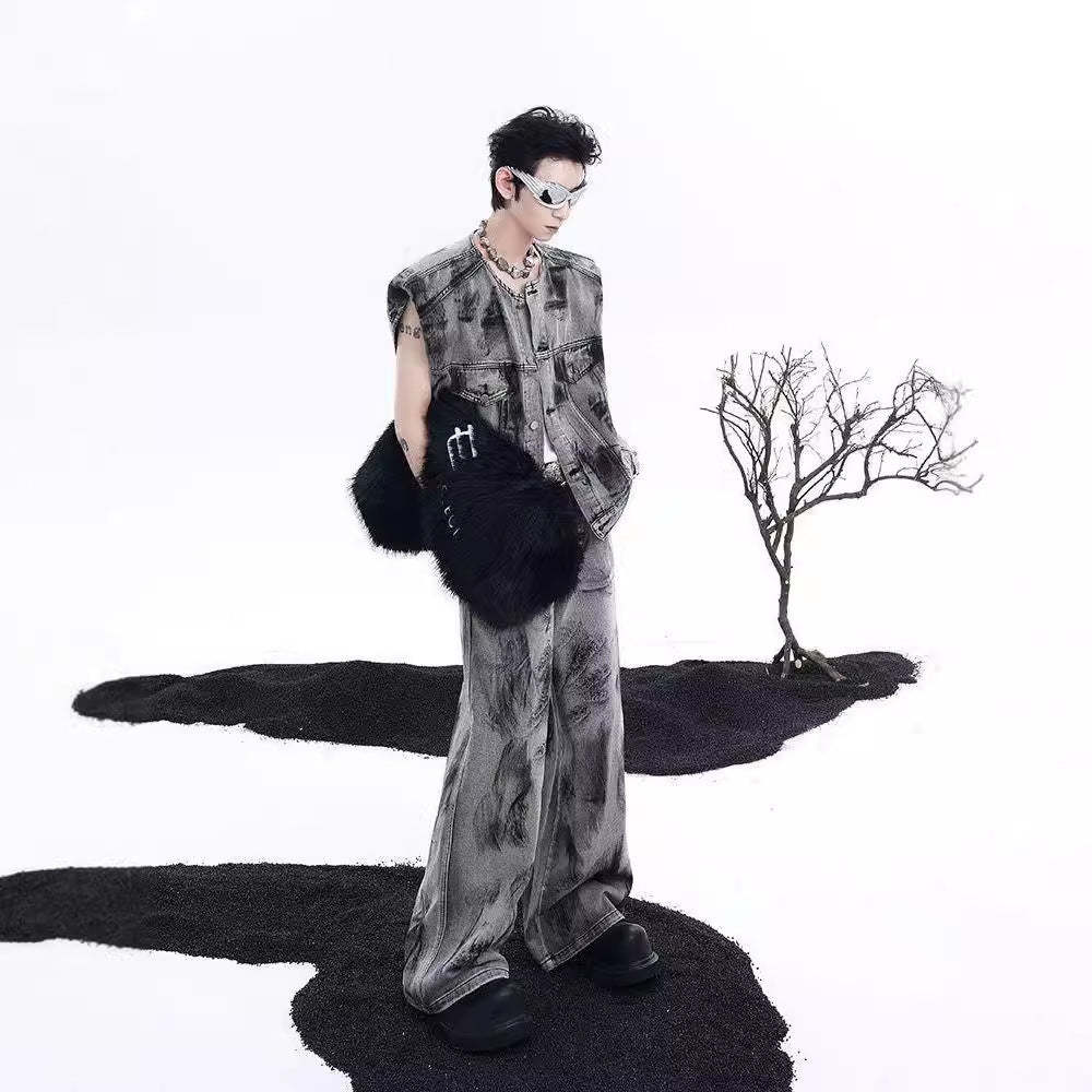 American Street Graffiti Padded Shoulder Sleeveless Denim Coat - 𝓢𝓱𝓸𝓹𝓵𝓮𝓬𝔂