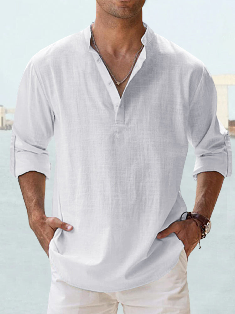Men's Linen Stand-up Collar Long Sleeve T-shirt Loose Undershirt - 𝓢𝓱𝓸𝓹𝓵𝓮𝓬𝔂