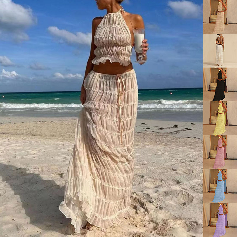2pcs Women's Dress Suit Sexy Sleeveless Backless Cropped Halter Top And Pleated Long Skirt Beach Clothing - 𝓢𝓱𝓸𝓹𝓵𝓮𝓬𝔂