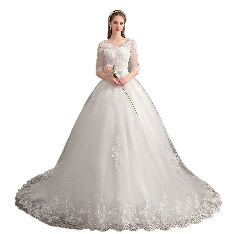 Wedding Dress Trailing Deep V Neck Lace High Waist Wedding Dress Long Sleeves - 𝓢𝓱𝓸𝓹𝓵𝓮𝓬𝔂
