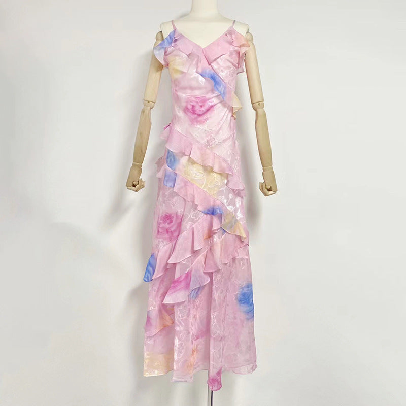 V-neck Strap Printed Backless Slim Fit Ruffled Dress - 𝓢𝓱𝓸𝓹𝓵𝓮𝓬𝔂