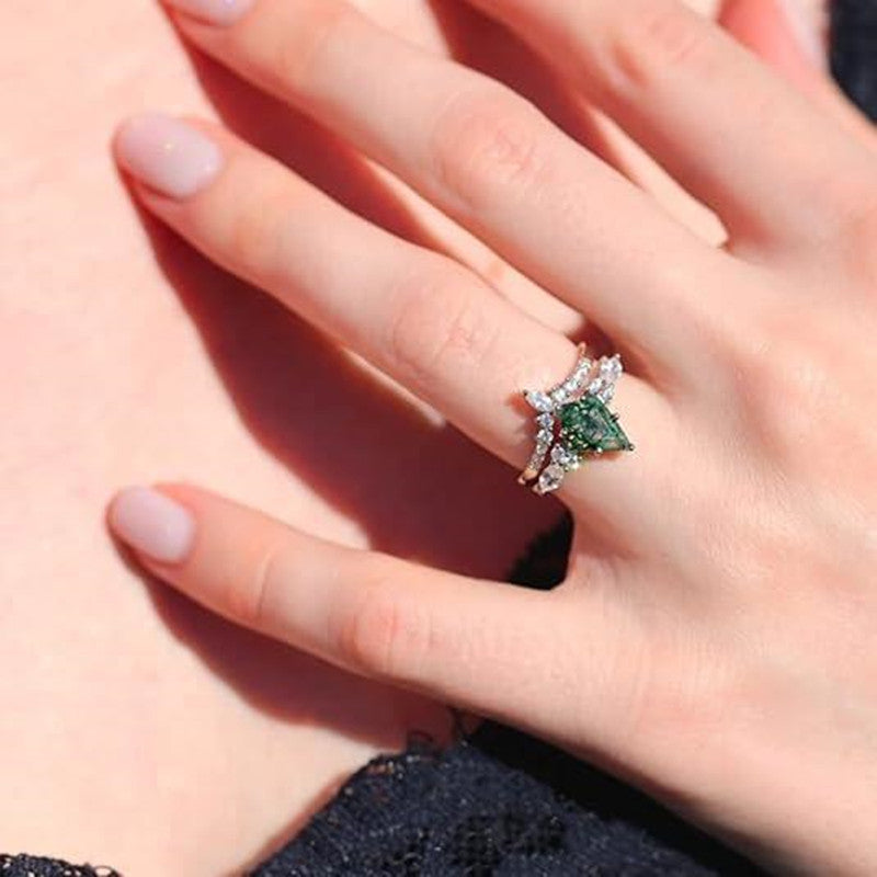 2pcs Fashion Rings Natural Green Moss Stone Agate Ring For Women Personalized Jewelry - 𝓢𝓱𝓸𝓹𝓵𝓮𝓬𝔂