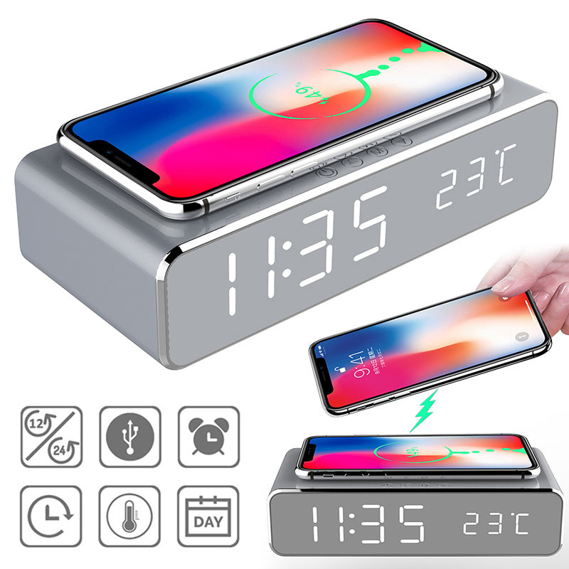 LED Electric Alarm Clock With Wireless Charger Desktop Digital Despertador Thermometer Clock HD Mirror Clock Watch Table Decor - 𝓢𝓱𝓸𝓹𝓵𝓮𝓬𝔂