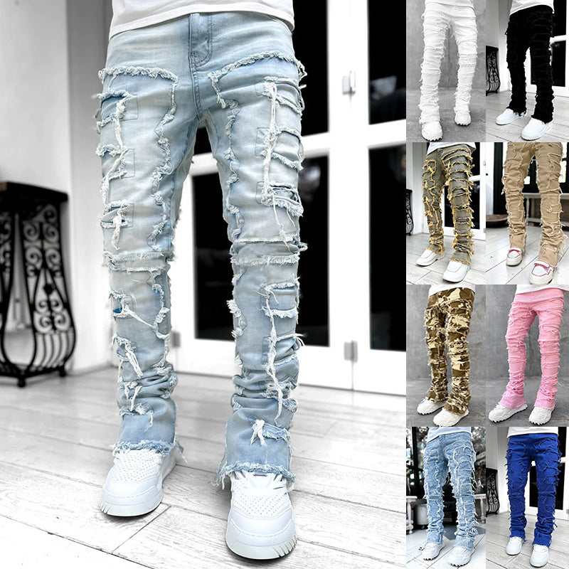 Men Trousers Individual Patched Pants Long Tight Fit Stacked Jeans For Mens Clothing - 𝓢𝓱𝓸𝓹𝓵𝓮𝓬𝔂