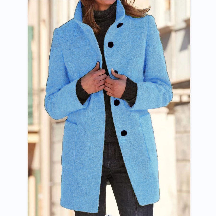 Fashion Stand Collar Woolen Coat With Pockets Fall Winter Casual Button Outwear For Women Clothing - 𝓢𝓱𝓸𝓹𝓵𝓮𝓬𝔂