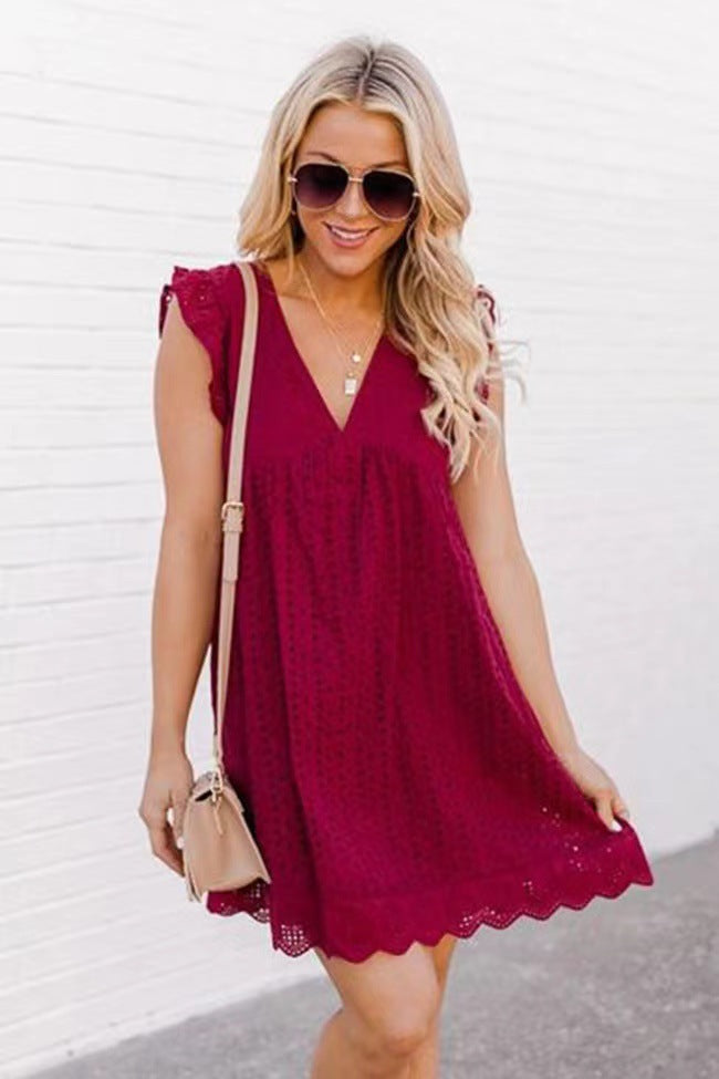 Lace Dresses With Pocket Summer Sleeveless Jacquard Cutout V-Neck Beach Dress - 𝓢𝓱𝓸𝓹𝓵𝓮𝓬𝔂